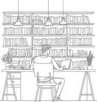 ai generado contorno ilustración para el estudiar habitación tiene estantería y muchos libro en allí vector