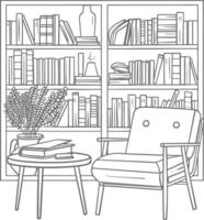 ai generado contorno ilustración para el estudiar habitación tiene estantería y muchos libro en allí vector