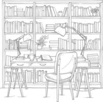 AI generated Outline Illustration for The study room has bookshelves and many book in there vector