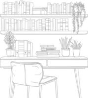 ai generado contorno ilustración para el estudiar habitación tiene estantería y muchos libro en allí vector