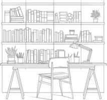 ai generado contorno ilustración para el estudiar habitación tiene estantería y muchos libro en allí vector