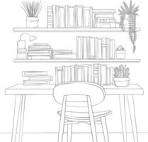 AI generated Outline Illustration for The study room has bookshelves and many book in there vector