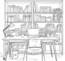 ai generado contorno ilustración para el estudiar habitación tiene estantería y muchos libro en allí vector