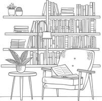 ai generado contorno ilustración para el estudiar habitación tiene estantería y muchos libro en allí vector