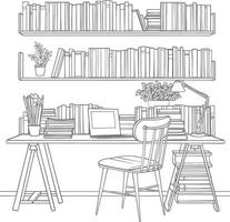 AI generated Outline Illustration for The study room has bookshelves and many book in there vector