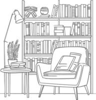 ai generado contorno ilustración para el estudiar habitación tiene estantería y muchos libro en allí vector