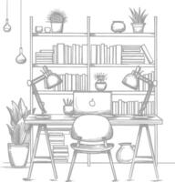 ai generado contorno ilustración para el estudiar habitación tiene estantería y muchos libro en allí vector