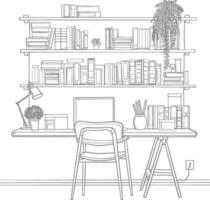 ai generado contorno ilustración para el estudiar habitación tiene estantería y muchos libro en allí vector