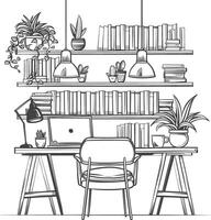 ai generado contorno ilustración para el estudiar habitación tiene estantería y muchos libro en allí vector