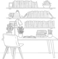 AI generated Outline Illustration for The study room has bookshelves and many book in there vector