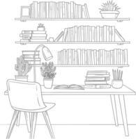 ai generado contorno ilustración para el estudiar habitación tiene estantería y muchos libro en allí vector