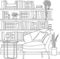 ai generado contorno ilustración para el estudiar habitación tiene estantería y muchos libro en allí vector