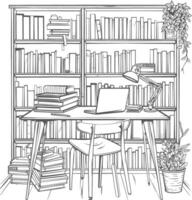 ai generado contorno ilustración para el estudiar habitación tiene estantería y muchos libro en allí vector