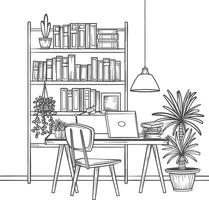 ai generado contorno ilustración para el estudiar habitación tiene estantería y muchos libro en allí vector