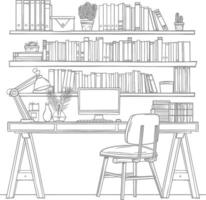 ai generado contorno ilustración para el estudiar habitación tiene estantería y muchos libro en allí vector