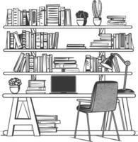 AI generated Outline Illustration for The study room has bookshelves and many book in there vector