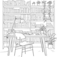 ai generado contorno ilustración para el estudiar habitación tiene estantería y muchos libro en allí vector