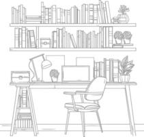 ai generado contorno ilustración para el estudiar habitación tiene estantería y muchos libro en allí vector