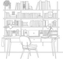 ai generado contorno ilustración para el estudiar habitación tiene estantería y muchos libro en allí vector