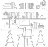 ai generado contorno ilustración para el estudiar habitación tiene estantería y muchos libro en allí vector