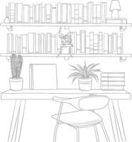 ai generado contorno ilustración para el estudiar habitación tiene estantería y muchos libro en allí vector