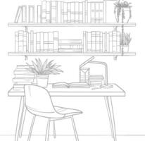 ai generado contorno ilustración para el estudiar habitación tiene estantería y muchos libro en allí vector