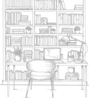 AI generated Outline Illustration for The study room has bookshelves and many book in there vector