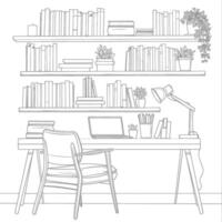 ai generado contorno ilustración para el estudiar habitación tiene estantería y muchos libro en allí vector