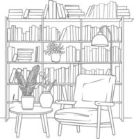 ai generado contorno ilustración para el estudiar habitación tiene estantería y muchos libro en allí vector