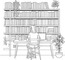 AI generated Outline Illustration for The study room has bookshelves and many book in there vector