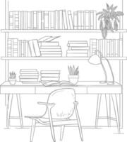 ai generado contorno ilustración para el estudiar habitación tiene estantería y muchos libro en allí vector