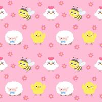 Hello spring animals seamless pattern cute sheep chick bee floral hand drawn background vector illustration