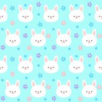 seamless kids pattern cute hand drawn bunny face in the garden light blue background vector illustration