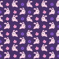 seamless pattern cute feminine hand drawn little bunny hopping in the garden purple background vector illustration