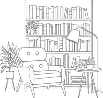 ai generado contorno ilustración para el estudiar habitación tiene estantería y muchos libro en allí vector