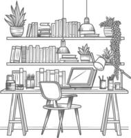 ai generado contorno ilustración para el estudiar habitación tiene estantería y muchos libro en allí vector