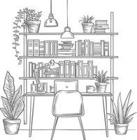 AI generated Outline Illustration for The study room has bookshelves and many book in there vector