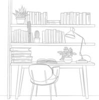 ai generado contorno ilustración para el estudiar habitación tiene estantería y muchos libro en allí vector