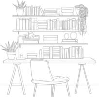 ai generado contorno ilustración para el estudiar habitación tiene estantería y muchos libro en allí vector