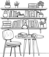 ai generado contorno ilustración para el estudiar habitación tiene estantería y muchos libro en allí vector