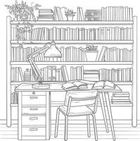 ai generado contorno ilustración para el estudiar habitación tiene estantería y muchos libro en allí vector