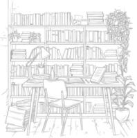 AI generated Outline Illustration for The study room has bookshelves and many book in there vector