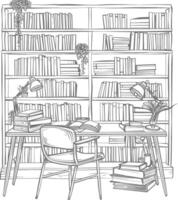 AI generated Outline Illustration for The study room has bookshelves and many book in there vector