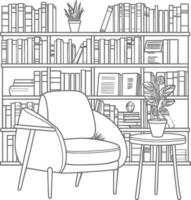 ai generado contorno ilustración para el estudiar habitación tiene estantería y muchos libro en allí vector