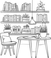 ai generado contorno ilustración para el estudiar habitación tiene estantería y muchos libro en allí vector