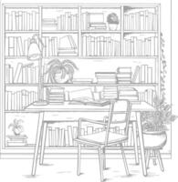 ai generado contorno ilustración para el estudiar habitación tiene estantería y muchos libro en allí vector