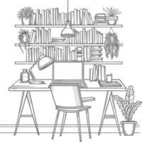 ai generado contorno ilustración para el estudiar habitación tiene estantería y muchos libro en allí vector