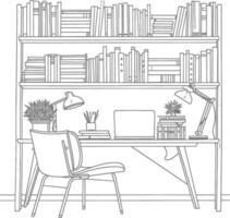 AI generated Outline Illustration for The study room has bookshelves and many book in there vector