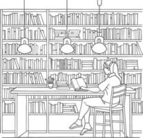 ai generado contorno ilustración para el estudiar habitación tiene estantería y muchos libro en allí vector