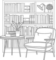 ai generado contorno ilustración para el estudiar habitación tiene estantería y muchos libro en allí vector